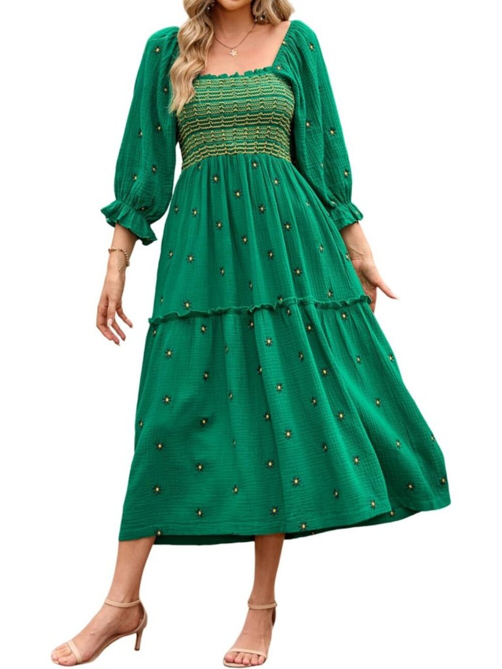 Floral Embroidered Boho Midi Dress with Pockets | Women's Cotton Summer Dress